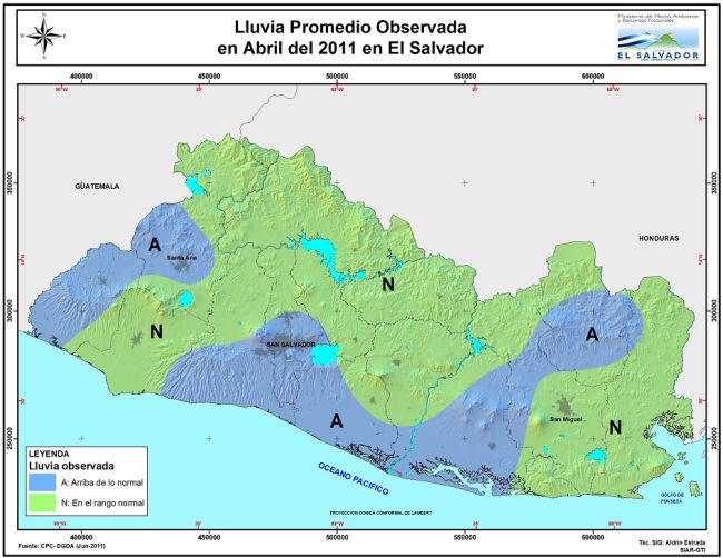Escenarios de lluvia total observados durante el mes de  abril de 2011. Climatología de referencia 1971-2000.