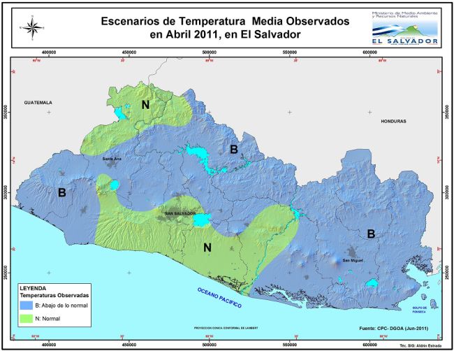 Escenarios de temperatura media observados durante el mes de abril de 2011. Climatología de referencia 1971-2000.